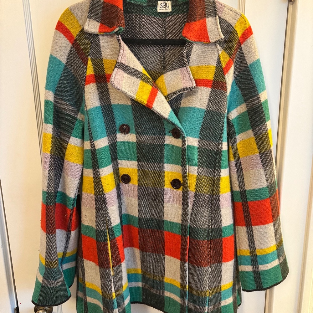Siyu Spanish Designer Plaid Wool Blend Peacoat